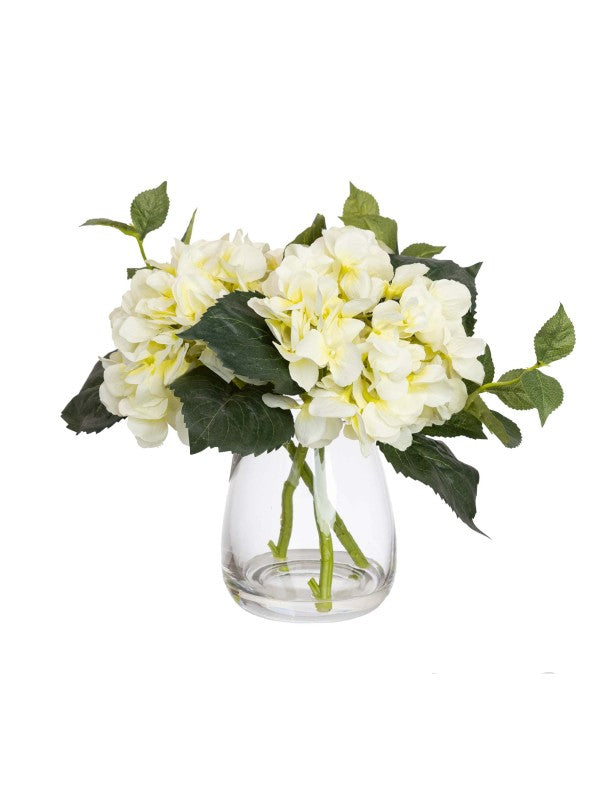 30CM HYDRANGEA IN GLASS CREAM