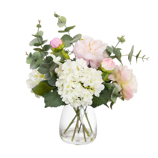 43cm Artificial Hydrangea Mixed Arrangement in Glass