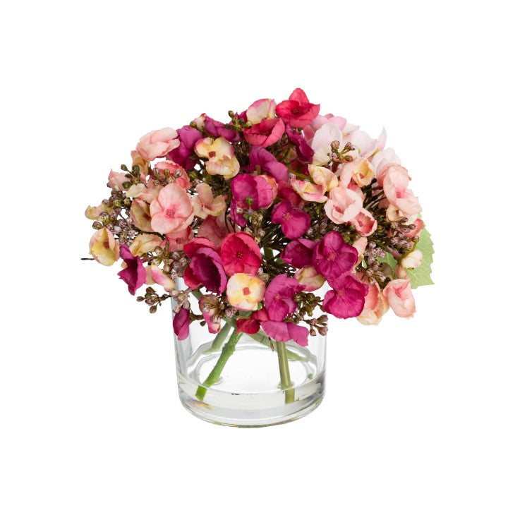 18CM HYDRANGEA MIXED ARRANGEMENT IN GLASS PINK