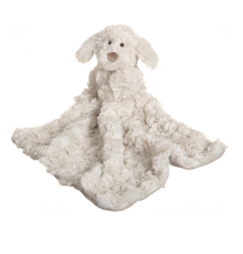Baby comforter with plush sitting puppy design