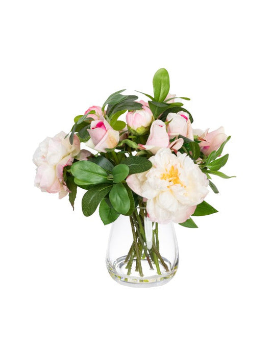 36CM PEONY & ROSE MIXED ARRANGEMENT IN GLASS PINK