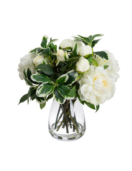 36CM PEONY & ROSE MIXED ARRANGEMENT IN GLASS WHITE