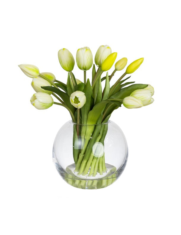 29CM TULIP ARRANGEMENT IN FISHBOWL VASE WHITE