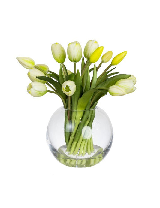 29CM TULIP ARRANGEMENT IN FISHBOWL VASE WHITE