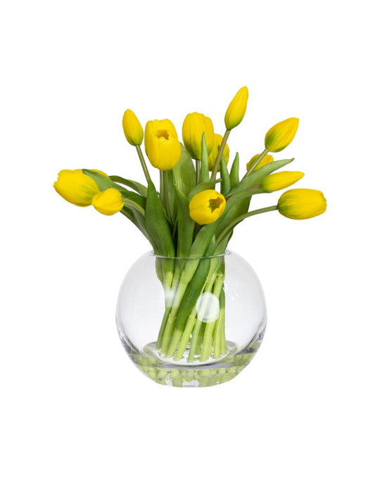 29CM TULIP ARRANGEMENT IN FISHBOWL VASE YELLOW