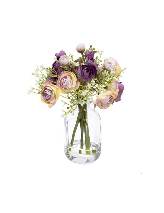 23CM SMALL RUNUNCULUS MIXED ARRAGNEMENT IN BUD VASE PURPL