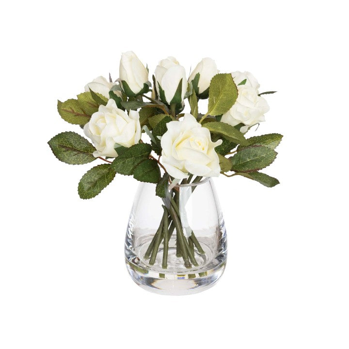 25CM ROSE ARRANGEMENT IN GLASS WHITE