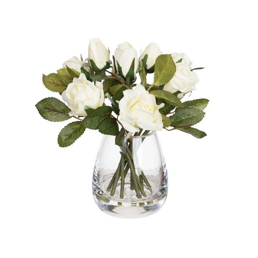 25CM ROSE ARRANGEMENT IN GLASS WHITE