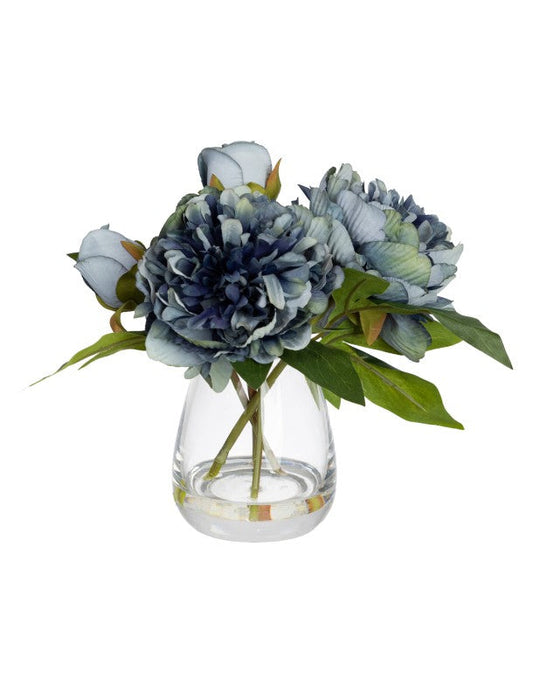 22CM PEONY MIXED ARRANGEMENT IN GLASS BLUE
