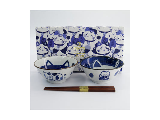 TOKYO KAWAII CAT BLUE BOWL 2PC + CHOPSTICKS GB