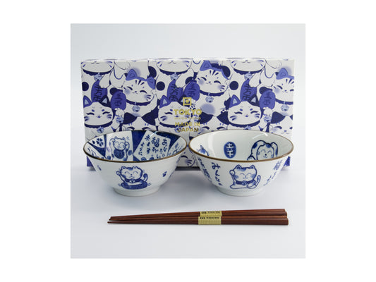 TOKYO KAWAII CAT WHITE BOWL 2PC + CHOPSTICKS GB