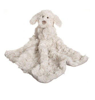 Baby comforter with plush sitting puppy design