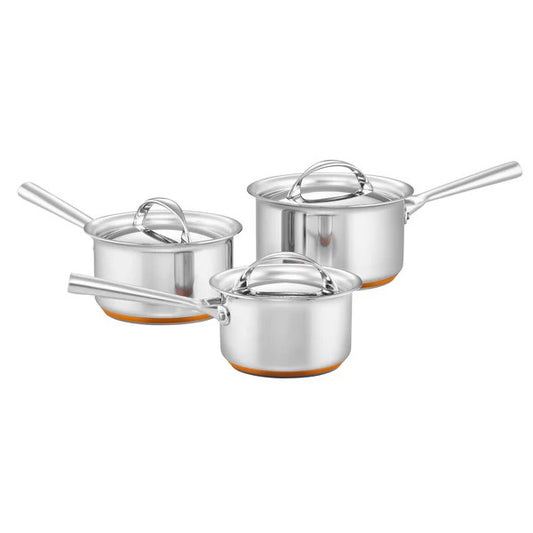 ESSTEELE Per Vita 3 piece saucepan set showcasing multiple stainless steel pans