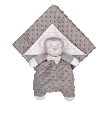 Soft plush baby monkey comforter and blanket set in grey