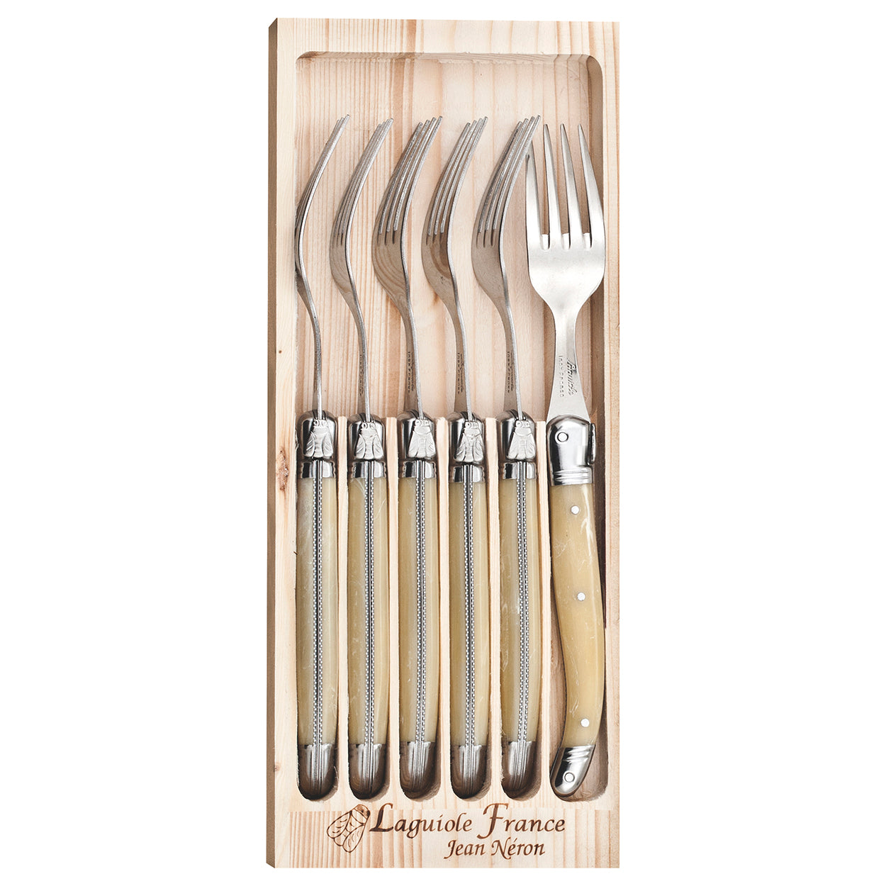 Laguiole 6 Piece Light Horn Fork Set stainless steel dining forks with elegant horn-style handles