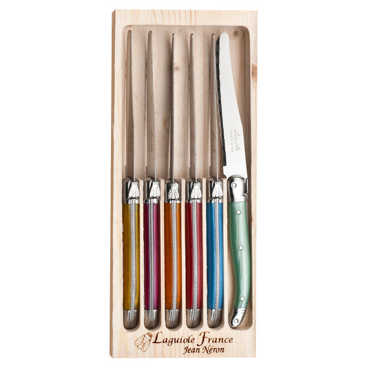 Laguiole 6 Piece Round Colour Mix Knife Set premium stainless steel dining knives with colourful handles