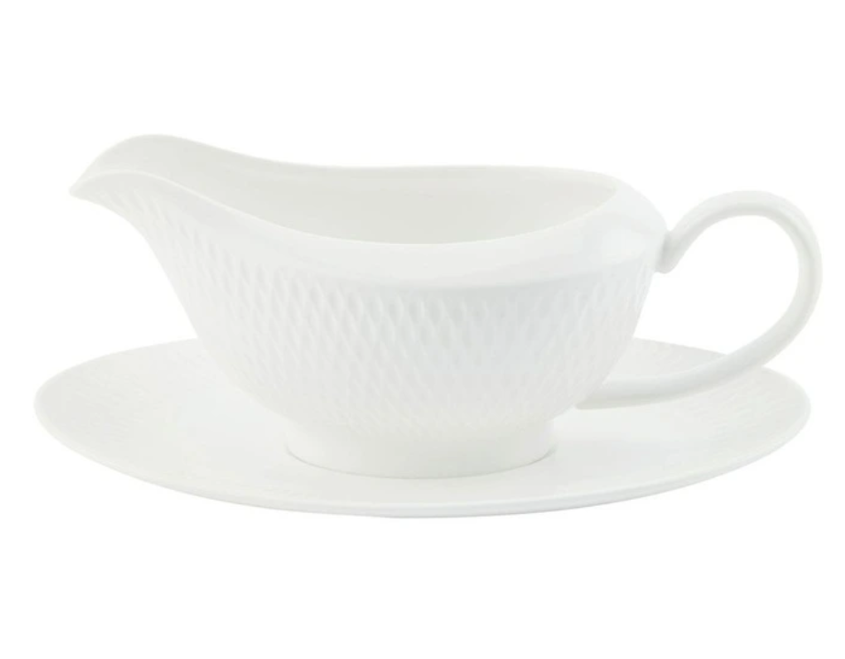 Premium MW Diamonds Ceramic Gravy Boat with Saucer for Dining Table Serving