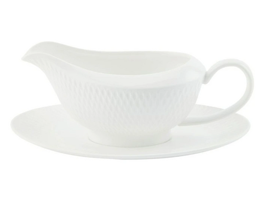 Premium MW Diamonds Ceramic Gravy Boat with Saucer for Dining Table Serving