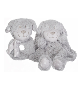 Puppy rattle and comforter set in grey gift box for newborn babies