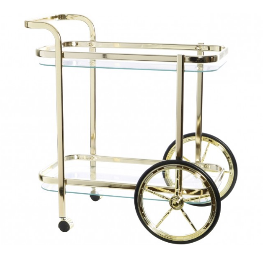 BAR TROLLEY JONES GOLD CLEAR GLASS LARGE WHEELS RECT