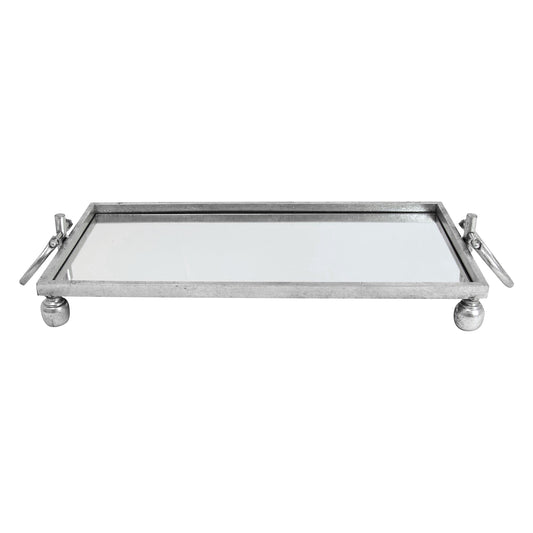 Tray Silver Iron Mirror Rectangular 58cm Loop Handles