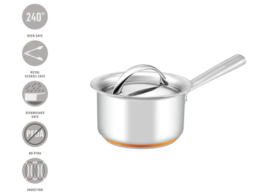 Durable kitchen cookware saucepan with ergonomic handle and polished finish