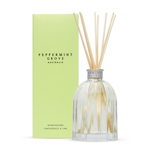 A Peppermint Grove Australia diffuser with lemongrass and lime scent, in a clear glass bottle with a green lid, next to its green packaging box.